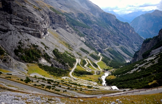 The Bormio side of Stelvio Pass with over 40 tyre wearing, brake destroying hairpins to enjoy..
