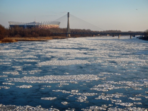 View of Warsaw stadium and the Vistila river with the beginnings of pancake ice